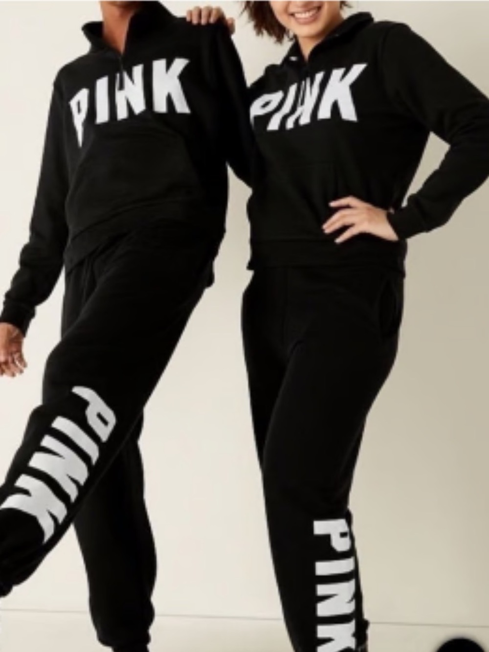 Victoria secret PINK black fleece sweatpants & matching zipup hoodie, size Large